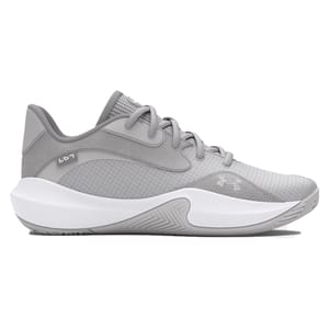 A gray athletic shoe with a sleek, modern design featuring a mesh upper, low-cut style, and a white midsole with a patterned outsole.