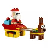 A LEGO Santa Claus set with a sleigh and reindeer, featuring bright colors and simple block designs.