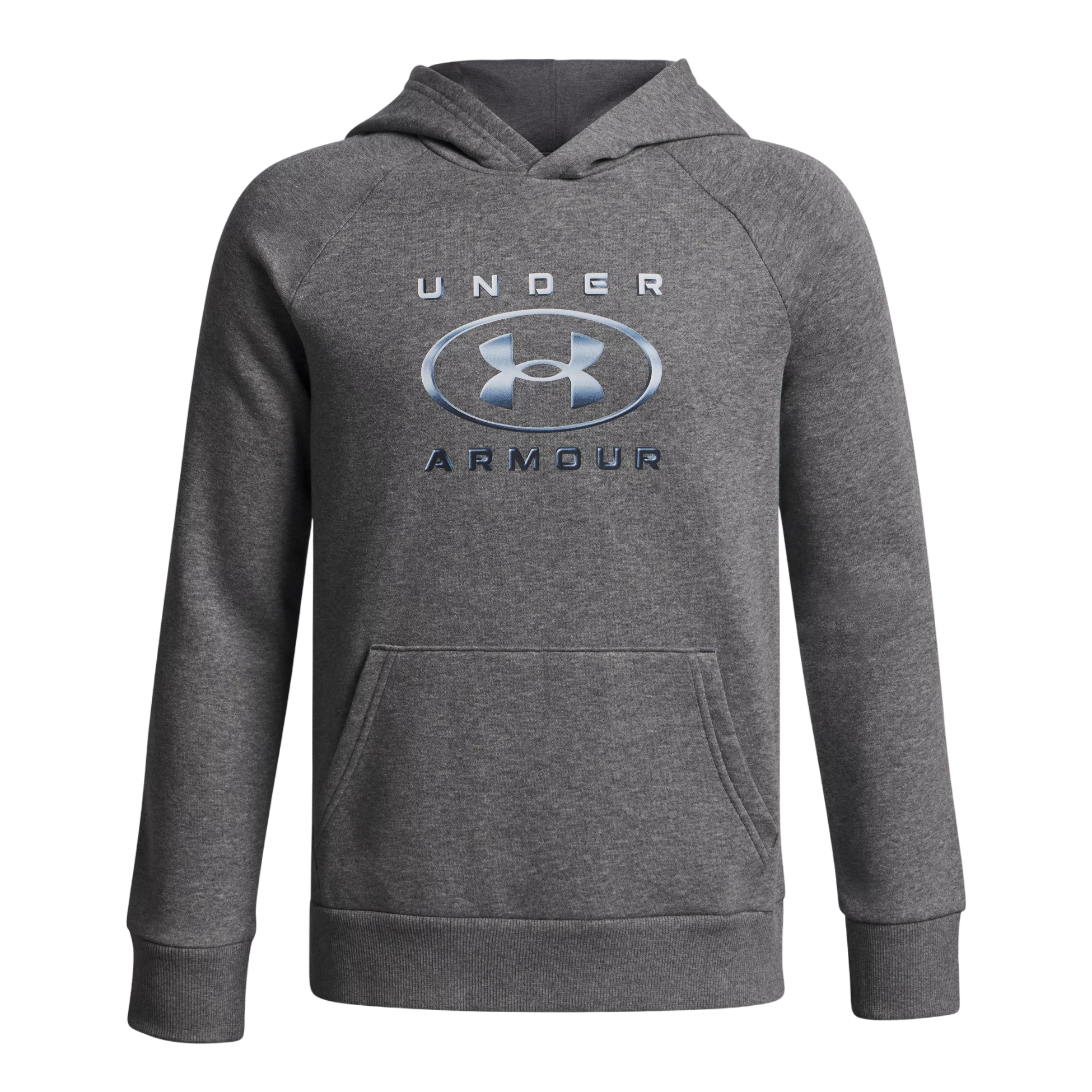 Gray Under Armour hoodie with a central logo and text, featuring a front pocket and hood.