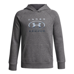 Gray Under Armour hoodie with a central logo and text, featuring a front pocket and hood.