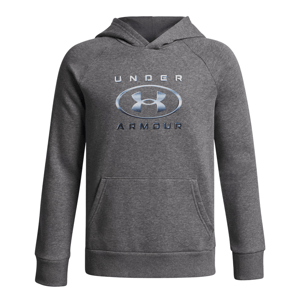 Gray Under Armour hoodie with a central logo and text, featuring a front pocket and hood.