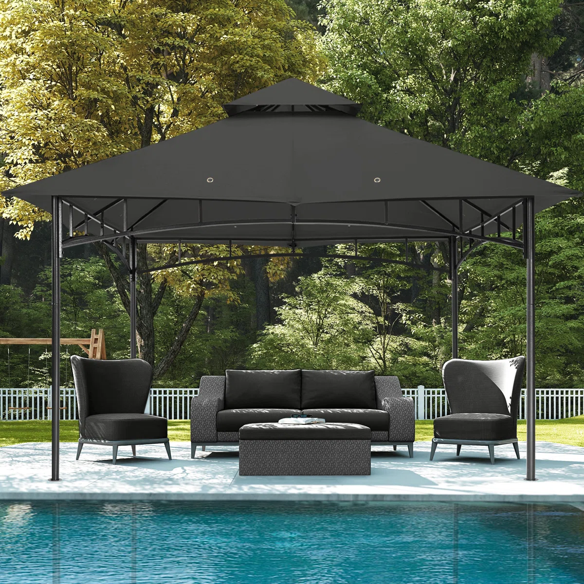 Outdoor gazebo with a black canopy, featuring a seating arrangement that includes a sofa, two armchairs, and a coffee table, positioned by a pool within a lush garden setting.
