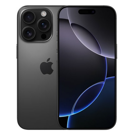 Black iPhone with a triple-camera system on the back next to its front display featuring a blue wallpaper.