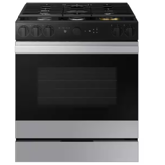 Stainless steel freestanding gas range with a cooktop and oven.