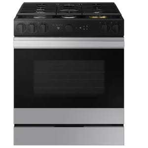 Stainless steel freestanding gas range with a cooktop and oven.