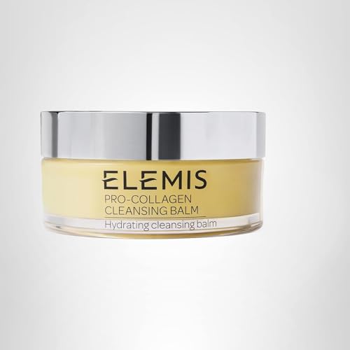 ELEMIS Pro-Collagen Cleansing Balm, a hydrating yellow balm, in a jar with a metallic lid.