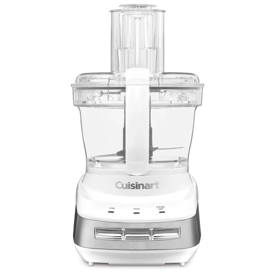 A Cuisinart food processor with a silver and white design, featuring controls for low, high, and pulse settings.