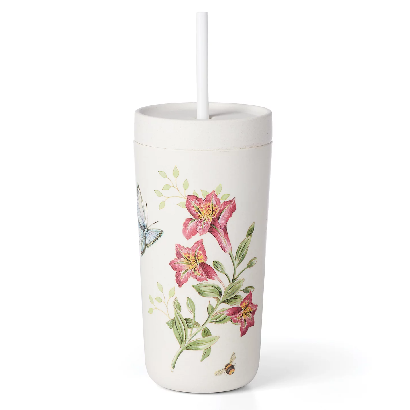 The Lenox 20oz Tumbler with Straw features a floral and butterfly design on a white background, complete with a matching lid and straw.