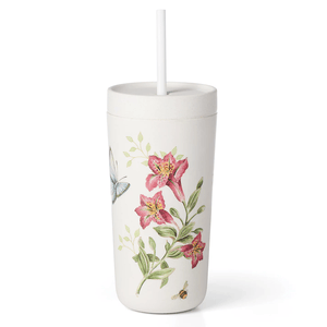 The Lenox 20oz Tumbler with Straw features a floral and butterfly design on a white background, complete with a matching lid and straw.