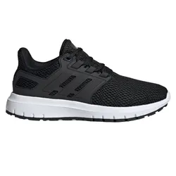 A black athletic shoe with a mesh upper, lace-up design, and a white rubber sole.