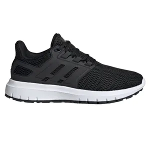 A black athletic shoe with a mesh upper, lace-up design, and a white rubber sole.