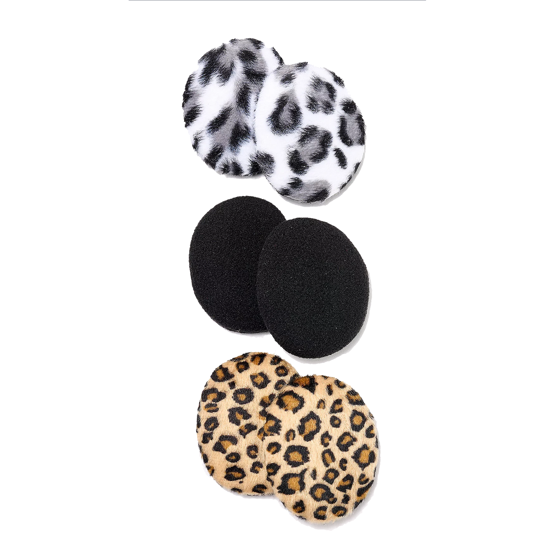 Three pairs of round ear warmers are shown: one with a black and white animal print, one solid black, and one with a brown and black leopard print.