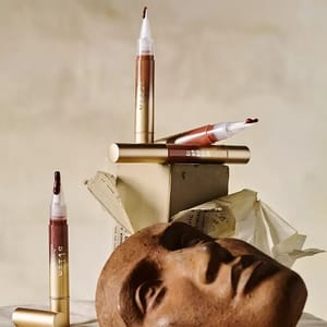 Three makeup pens in bronze tones, one capped, arranged artistically with a sculpture.