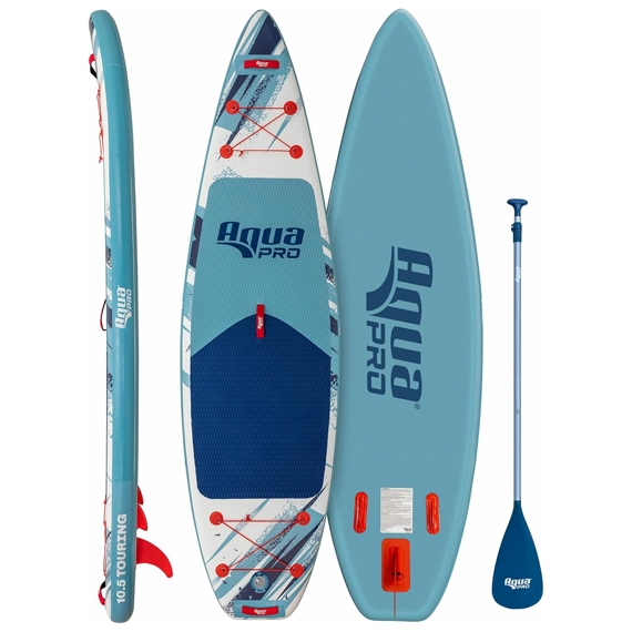 Inflatable paddleboard labeled \“Aqua Pro,\“ featuring a teal and blue design with bungee storage areas, a textured deck pad, and a detachable fin. Accompanied by an adjustable paddle in matching colors.