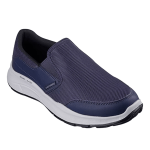 A blue slip-on shoe with a mesh upper and white sole, featuring \“Skechers\“ branding and a \“Dual-Lite\“ label on the midsole.