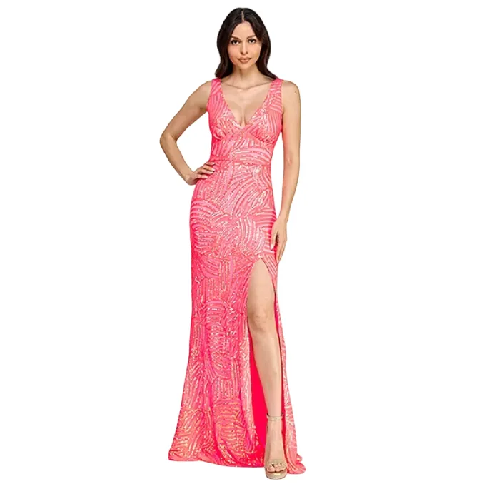 A woman models a floor-length pink sequin gown with a plunging neckline and a side slit, paired with strappy sandals.