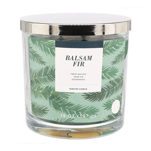 Balsam Fir scented candle, 14 oz (397 g), features scents of fresh balsam, crisp fir, and cedarwood, packaged in a jar with a metal lid.