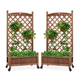 Two wooden planters with lattice trellises feature trailing plants and are equipped with wheels for easy mobility.