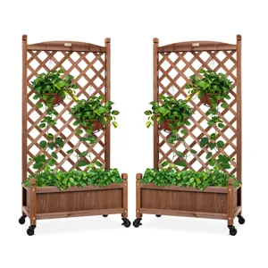 Two wooden planters with lattice trellises feature trailing plants and are equipped with wheels for easy mobility.