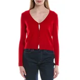 Red V-neck cardigan with long sleeves, button closure, and blue jeans.