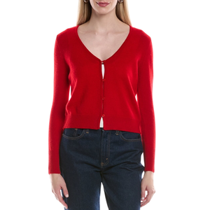 Red V-neck cardigan with long sleeves, button closure, and blue jeans.