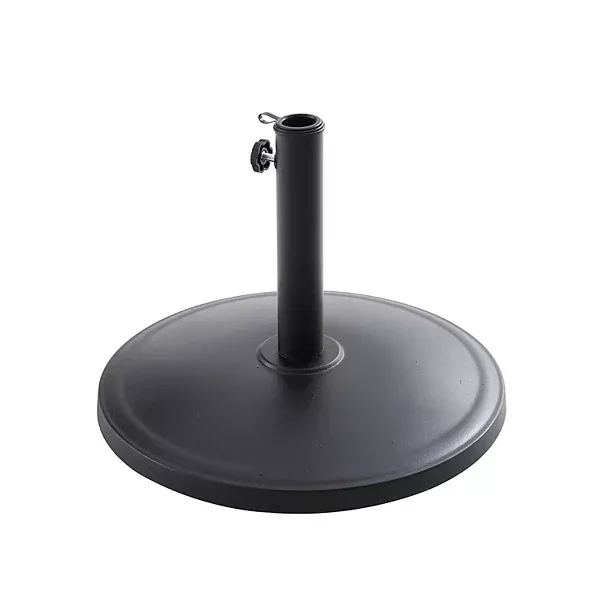 Black round patio umbrella base with a central tube and tightening knob on the side for securing an umbrella pole.