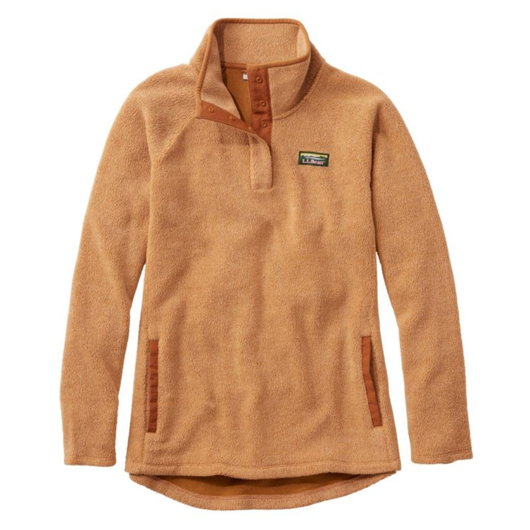 A camel-colored fleece pullover with a snap-button collar and two side pockets, featuring an embroidered logo on the chest.