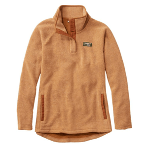 A camel-colored fleece pullover with a snap-button collar and two side pockets, featuring an embroidered logo on the chest.