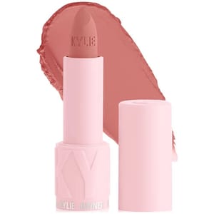 A pink tube of lipstick with \“KYLIE\“ embossed on the bullet, displayed alongside a swatch of the lipstick color.