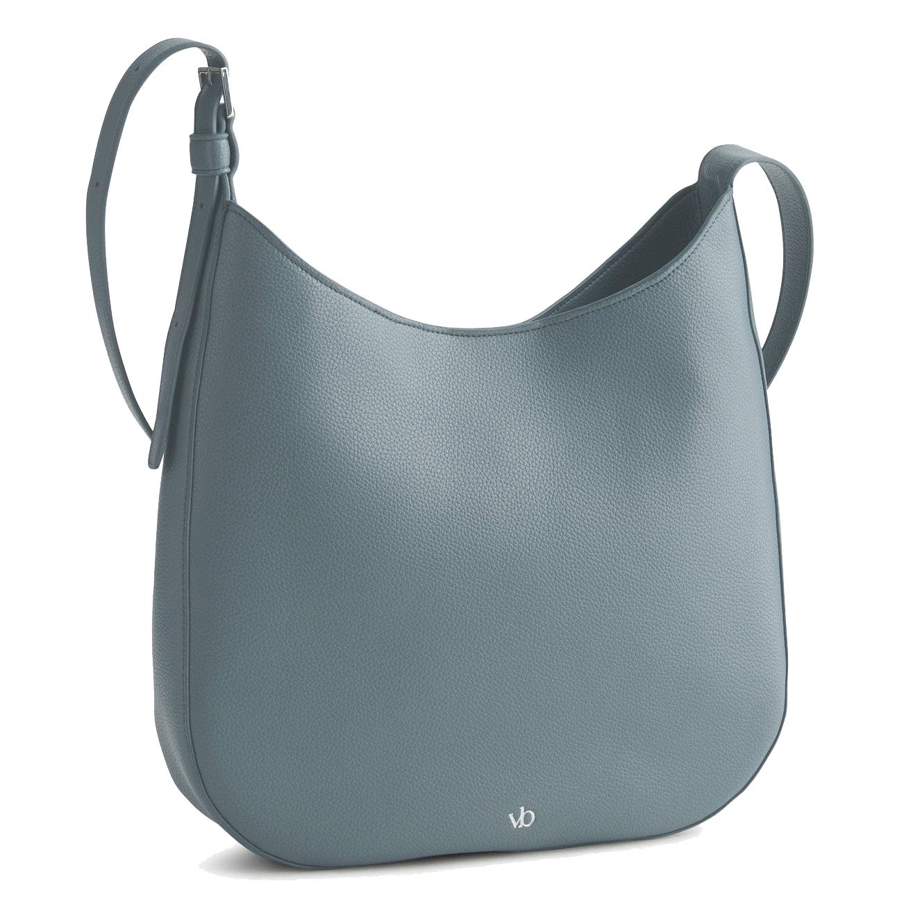 A blue leather shoulder bag with a minimalistic design and an adjustable strap, featuring small \“vb\“ branding near the bottom.