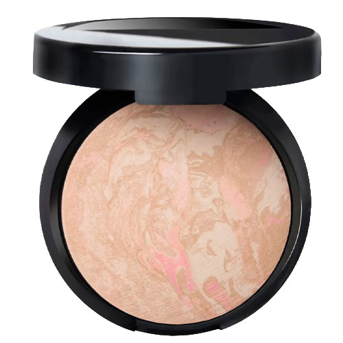 A compact with a marbled powder, featuring a mix of pink and beige tones, in a black case with a lid.