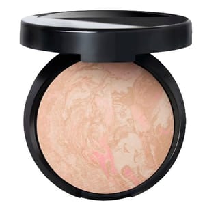 A compact with a marbled powder, featuring a mix of pink and beige tones, in a black case with a lid.