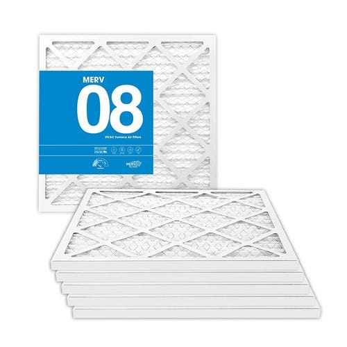 Pack of six MERV 08 HVAC furnace air filters with a white, diamond-patterned design.