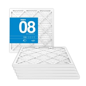 Pack of six MERV 08 HVAC furnace air filters with a white, diamond-patterned design.