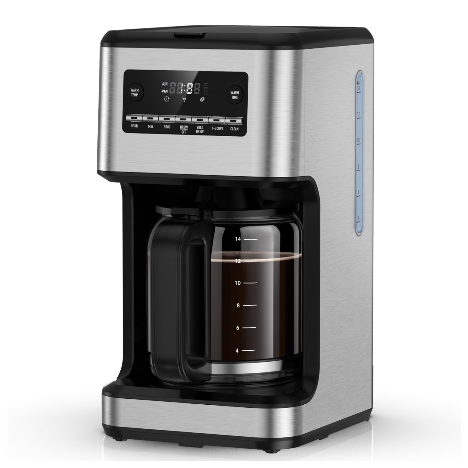 Calphalon 14-Cup Drip Coffee Maker with a stainless steel finish, digital display, and programmable settings, featuring a glass carafe with measurement markings up to 14 cups.