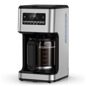 Calphalon 14-Cup Drip Coffee Maker with a stainless steel finish, digital display, and programmable settings, featuring a glass carafe with measurement markings up to 14 cups.