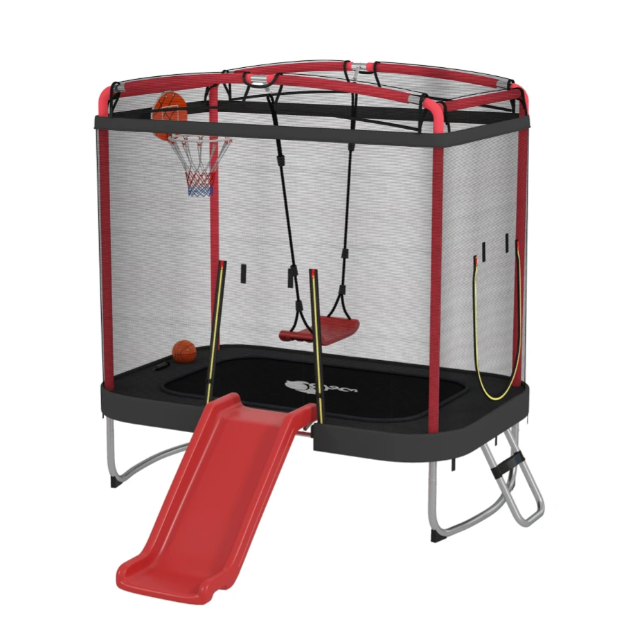 A multifunctional play area featuring a trampoline with safety netting, a red slide, a swing, and a basketball hoop.