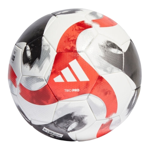 Adidas Tiro Pro soccer ball featuring red, black, and white patterns with the Adidas logo displayed prominently.