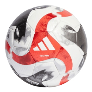 Adidas Tiro Pro soccer ball featuring red, black, and white patterns with the Adidas logo displayed prominently.