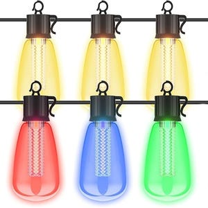49' multicolor string lights feature yellow, red, blue, and green bulb covers. Each bulb is housed in a black socket with hooks for easy hanging, creating a festive and vibrant display suitable for indoor or outdoor use.