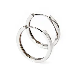 A pair of sleek silver hoop earrings with a polished finish, featuring a simple clasp closure for easy wear.