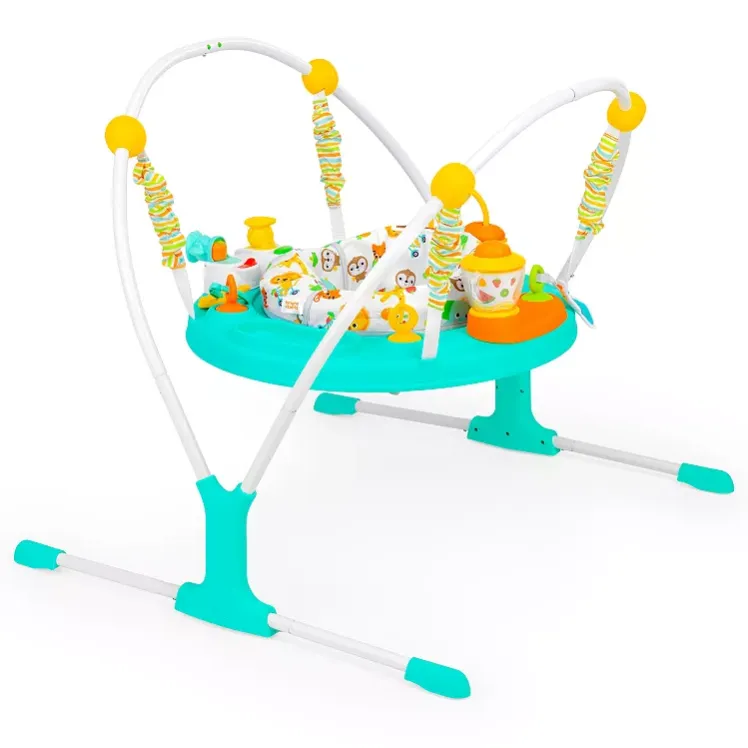 A baby jumper with a teal and orange color scheme, featuring an activity seat surrounded by toys and suspended by four elastic bands on a sturdy frame.