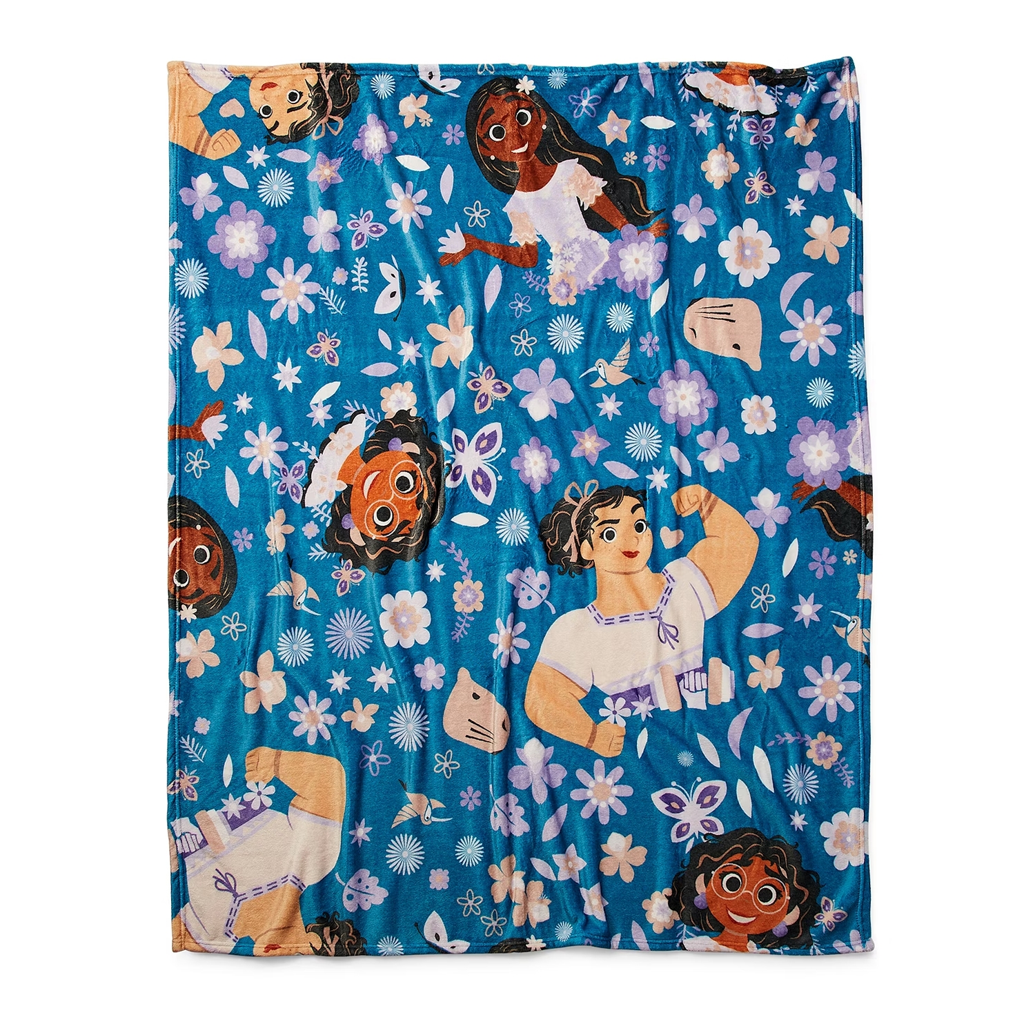 A blue beach towel with floral patterns and cartoon character prints.