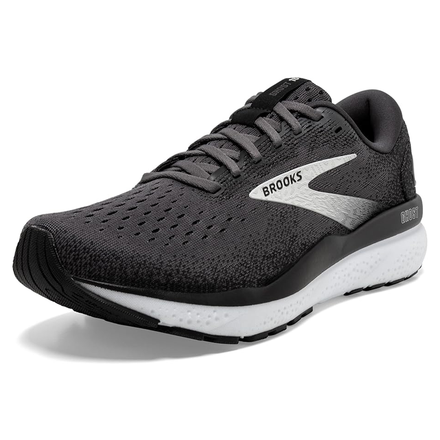Brooks Men's Ghost 16 Shoes feature a sleek black design with a perforated upper for breathability, a cushioned white midsole for comfort, and a durable outsole for traction. The shoe prominently displays the Brooks logo on the side.
