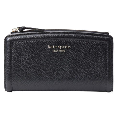 A black leather Kate Spade New York wallet with a zipper closure and embossed logo.
