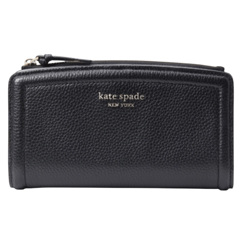 A black leather Kate Spade New York wallet with a zipper closure and embossed logo.