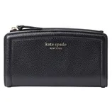 A black leather Kate Spade New York wallet with a zipper closure and embossed logo.