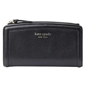 A black leather Kate Spade New York wallet with a zipper closure and embossed logo.