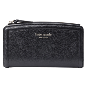 A black leather Kate Spade New York wallet with a zipper closure and embossed logo.
