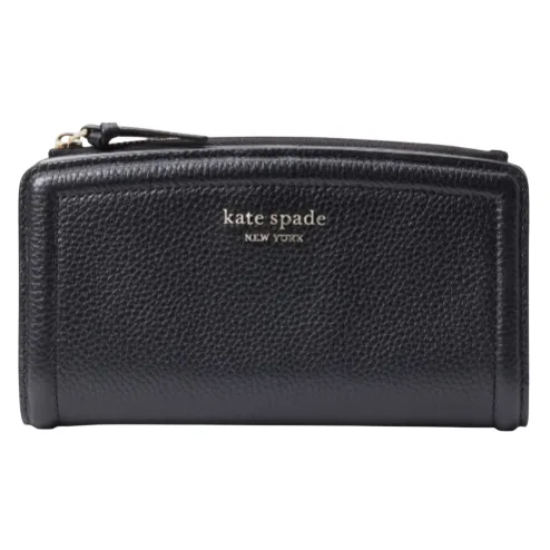 A black leather Kate Spade New York wallet with a zipper closure and embossed logo.